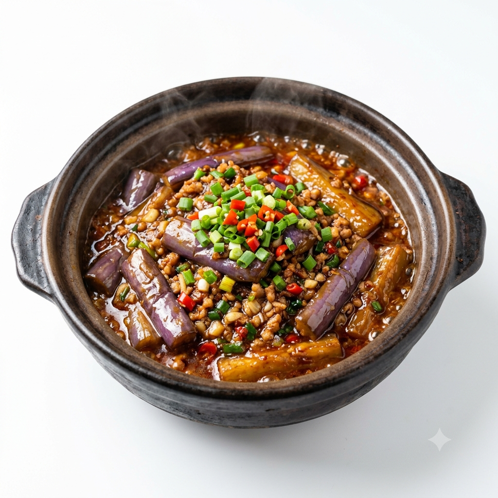 Sea Spicy Aubergine with Minced Pork in Hot Pot (GF)