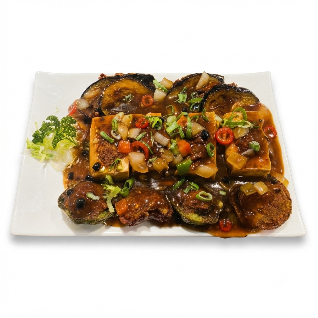 Stuffed Bean Curd, Aubergine & Green Pepper with Minced Prawn Paste in Black Bean Sauce