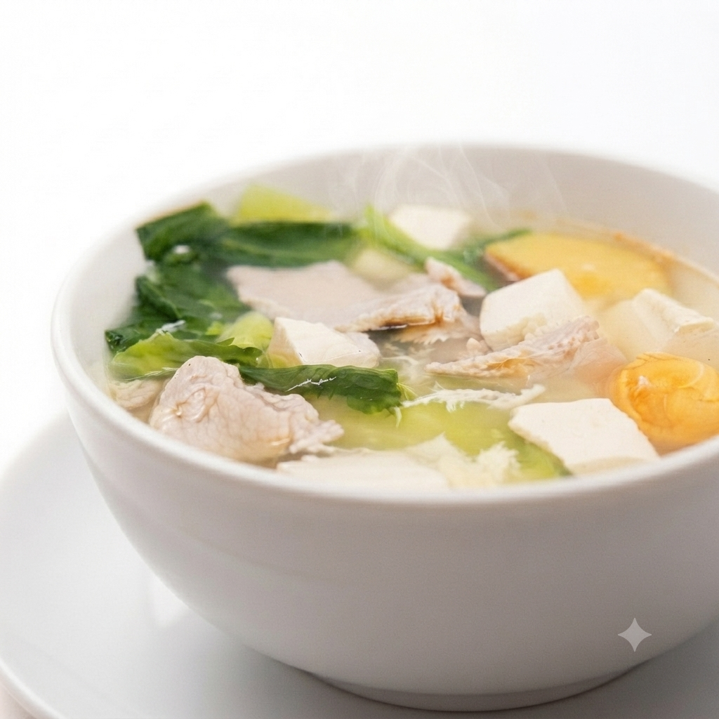Salted Eggs Mustard Green Tofu & Pork Slices Soup (GF)