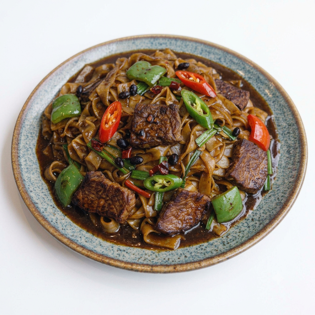 Beef Ho Fun with Green Pepper in Black Bean Sauce (GF)