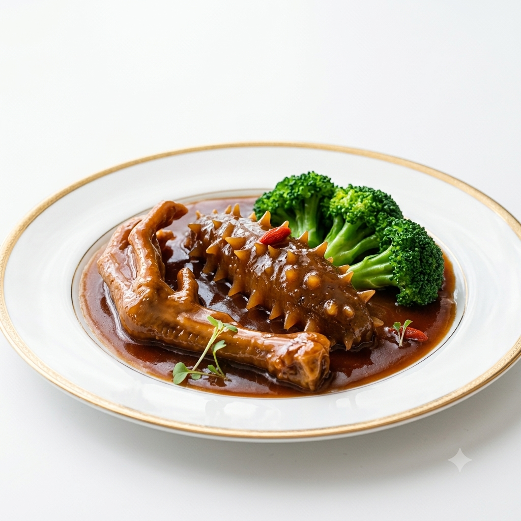 Braised Sea Cucumber and Goose Web in Abalone Sauce