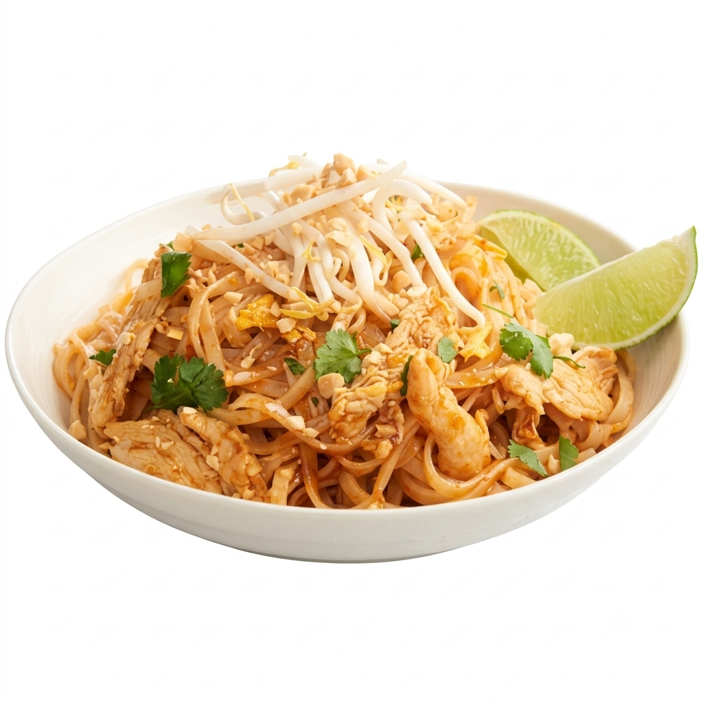 Pai Thai (Flat Rice Noodle with Chicken & Seafood, Peanut Topping) (GF)