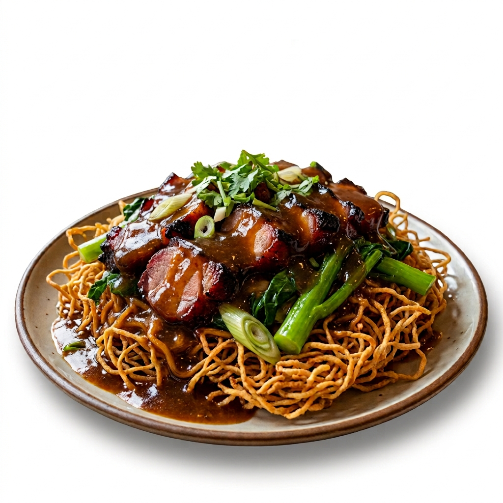 Crispy Noodle with Barbecued Roast Pork (Gravy Sauce on Top)